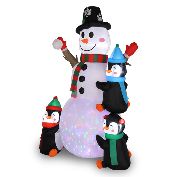 6ft With 3 Penguins, 4 Light Strings, 1 Colorful Rotating Light, Inflatable, Garden Snowman Decoration