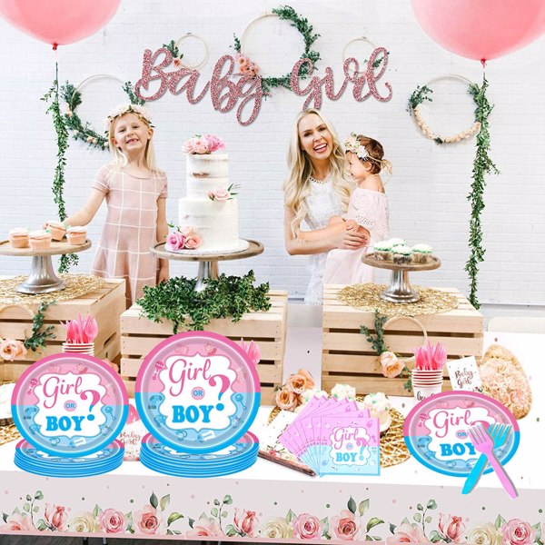 Gender Reveal Tableware Plates Baby Shower Boy or Girl Birthday Party Supplies Disposable Paper Dinnerware Set Serves 16 Guests for Boy Kids Perfect Plates, Napkins, Forks 64PCS