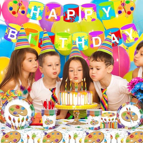 Art Painting Paper Plates Serves 20 Guests Baby Showers Birthday Party Supplies Set Disposable Party Tableware for Kids Dinner Plates, Napkins, Cup 92PCS(