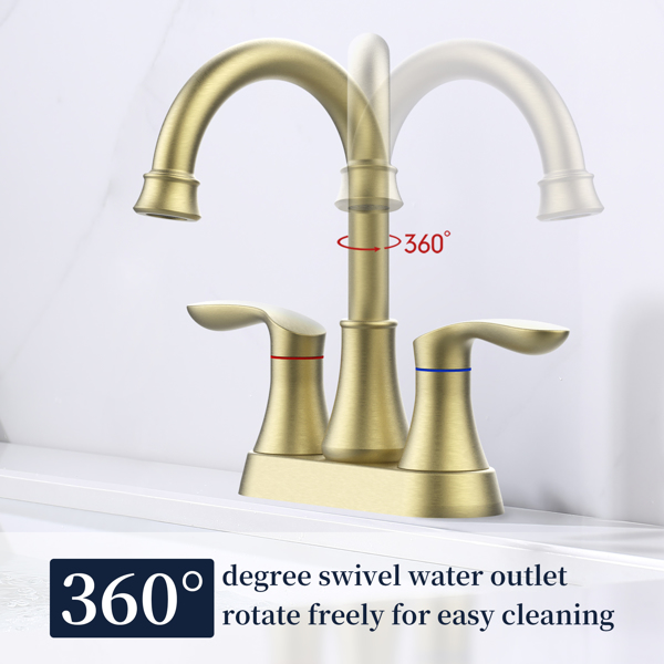 Bathroom Faucet Brushed Gold with Pop-up Drain & Supply Hoses 2-Handle 360 Degree High Arc Swivel Spout Centerset 4 Inch Vanity Sink Faucet [Unable to ship on weekends, please place orders with cautio