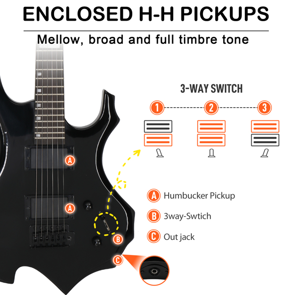[Do Not Sell on Amazon] Glarry Flame Shaped H-H Pickup Electric Guitar Kit with 20W Electric Guitar AMP Bag Strap Picks Shake Cable Wrench Tool Black
