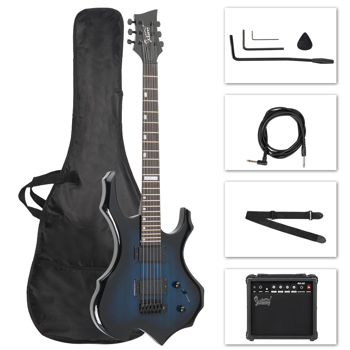 [Do Not Sell on Amazon] Glarry Flame Shaped H-H Pickup Electric Guitar Kit with 20W Electric Guitar AMP Bag Strap Picks Shake Cable Wrench Tool Blue