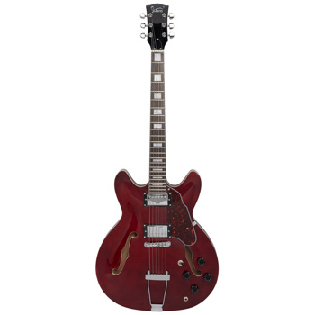 [Do Not Sell on Amazon] Glarry GIZ101 Electric Guitars Semi-Hollow Body Trapeze Tailpiece Bridge, HH Pickups, Laurel Wood Fingerboard Transparent Wine Red