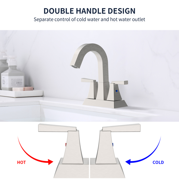 Bathroom Sink Faucet Brushed Nickel 2-Handle 4 Inch Center-Set Bathroom Sink Faucet, Sink Drain with Overflow Hole and 2 Supply Lines Included, Modern Vanity Basin Faucet 