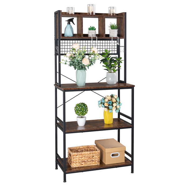 5-Tier Kitchen Bakers Rack with 10 S-Shaped Hooks and 3 Cubes , Industrial Microwave Oven Stand, Free Standing Kitchen Utility Cart Storage Shelf Organizer (Rustic Brown)
