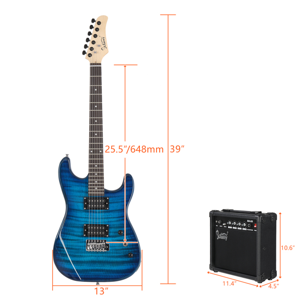 [Do Not Sell on Amazon] Glarry GST Stylish H-H Pickup Tiger Stripe Electric Guitar Kit with 20W AMP Bag Guitar Strap Blue