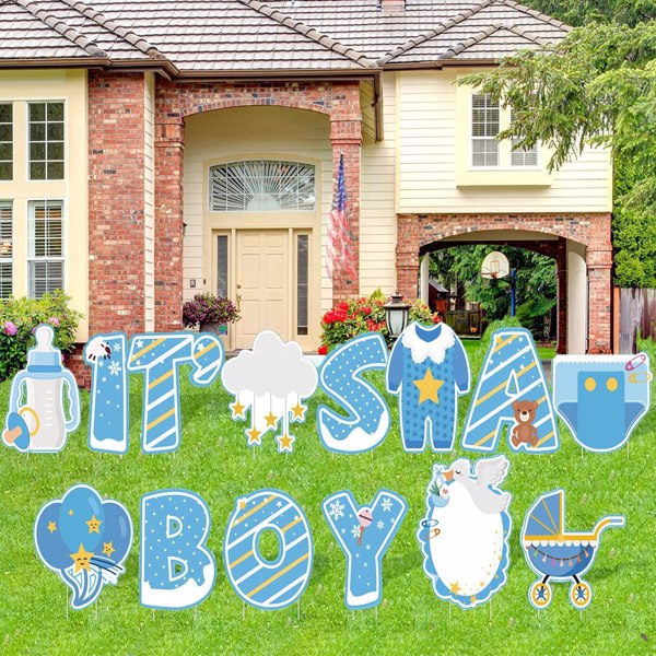 14PCS Its a Boy Baby Shower Yard Sign with Stakes Gender Reveal Yard Sign for Boy Party Supplies Home Indoor Outdoor Decoracion