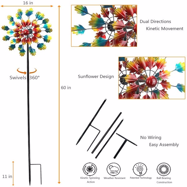 Kinetic Sunflower Wind Spinners with Stake Metal Outdoor Copper Garden Spinner