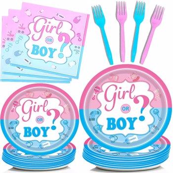 Gender Reveal Tableware Plates Baby Shower Boy or Girl Birthday Party Supplies Disposable Paper Dinnerware Set Serves 16 Guests for Boy Kids Perfect Plates, Napkins, Forks 64PCS(Shipment from FBA)