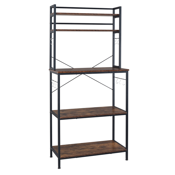 5-Tier Kitchen Bakers Rack with 10 S-Shaped Hooks, Industrial Microwave Oven Stand, Free Standing Kitchen Utility Cart Storage Shelf Organizer (Rustic Brown)