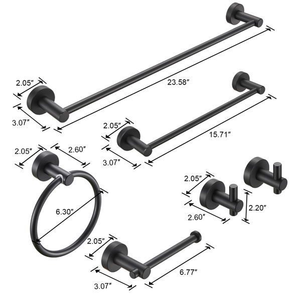 Bathroom Hardware Set, Thicken Space Aluminum 6 PCS Towel bar Set- Matte Black 24 Inches Wall Mounted[Unable to ship on weekends, please place orders with caution]