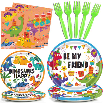 Dinosaur Plates Disposable Paper Plate Party Supplies Pack Birthday Dinnerware Serves 16 for Boy Kids Perfect Tableware Includes Plates, Napkins, Forks 68PCS(Shipment from FBA)