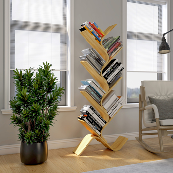  Tree Bamboo Bookshelf for Bedroom, 8 Shelf Rustic Wood color Bookcase