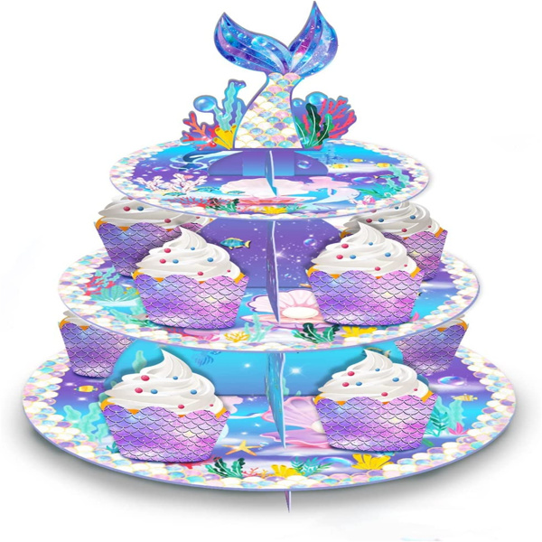 Mermaid Cake Stand Dessert Table Display Set Serving Tray 3-Tier Cardboard Cupcake Stand Holder Tower Round Desserts Pastry Birthday Party Supplies for 12-18 Cupcakes