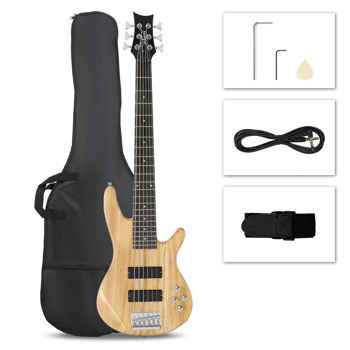 [Do Not Sell on Amazon]  Glarry Full Size GIB 6 String H-H Pickup Electric Bass Guitar Bag Strap Pick Connector Wrench Tool Burlywood