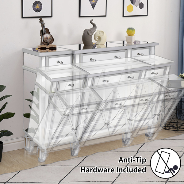 FCH Silver MDF With Mirror Surface Three Drawers Four Doors Chest Of Drawer
