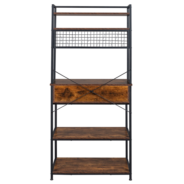 5-Tier Kitchen Bakers Rack with 10 S-Shaped Hooks and 1 drawer , Industrial Microwave Oven Stand, Free Standing Kitchen Utility Cart Storage Shelf Organizer (Rustic Brown)