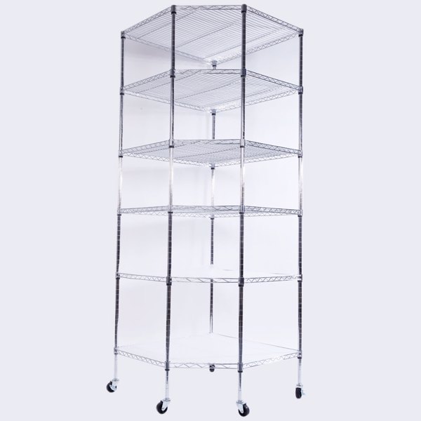 6-Layer Chrome Plated Polygonal Corner Shelf with 2" PP Wheels 680*680*1800 Silver