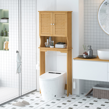 Natural Bamboo Toilet Storage Rack with Shutter Door, 3 Shelf Over-The-Toilet Bathroom Spacesaver