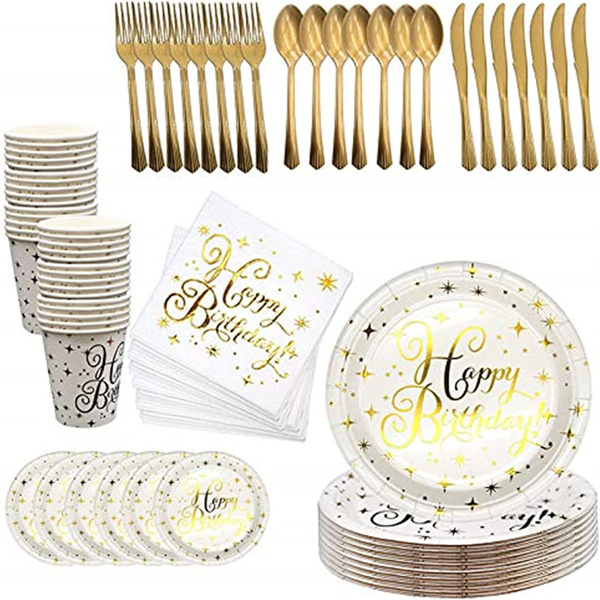 112PCS Bronzing Gold Happy Birthday Paper Plates Party Supplies Pack Disposable Tableware Set for Kids Serves 16 Guests Include Plates, Cups, Napkins, Forks, Knives, Spoons