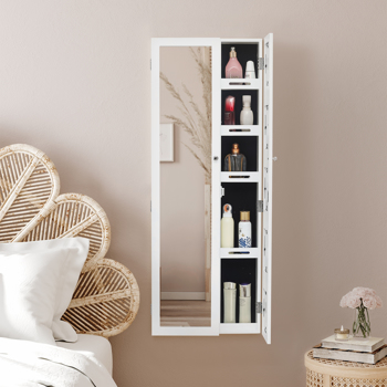 Non Full Mirror Wooden Wall Mounted Mirror Cabinet With Photo Frame, Multi-Layer Storage And Jewelry Storage - White