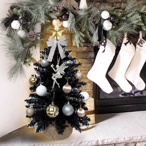 2ft Mini Christmas Tree with Light Artificial Small Tabletop Black Christmas Decoration with Flocked Snow, Exquisite Decor & Xmas Ornaments for Table Top for Home & Office