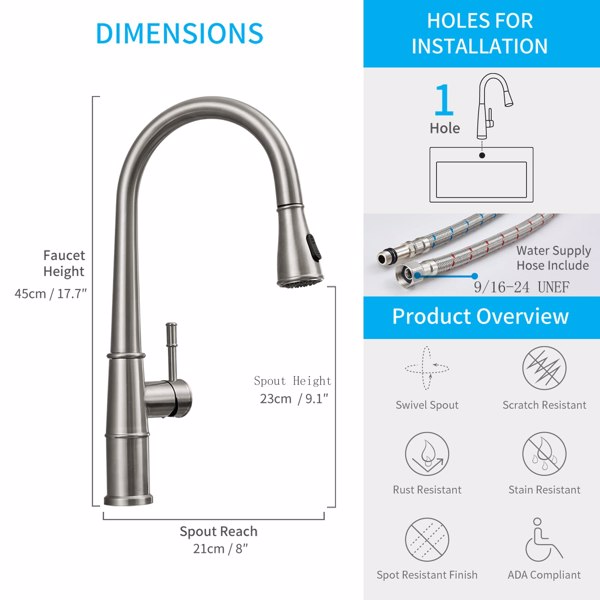 Brushed Nickel Kitchen Faucet with Pull Down Sprayer, Kitchen Sink Faucets 1Handle Single Hole Deck Mount High Arc 360 Degree Swivel Pull Out Kitchen Faucets[Unable to ship on weekends, please place o