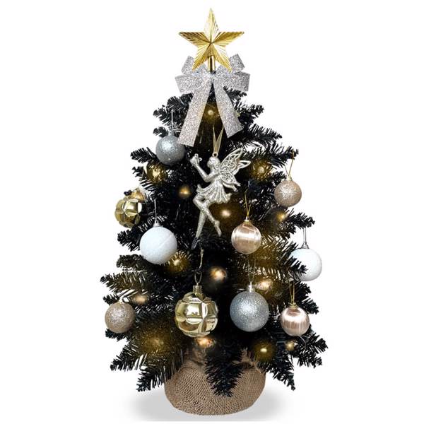 2ft Mini Christmas Tree with Light Artificial Small Tabletop Black Christmas Decoration with Flocked Snow, Exquisite Decor & Xmas Ornaments for Table Top for Home & Office