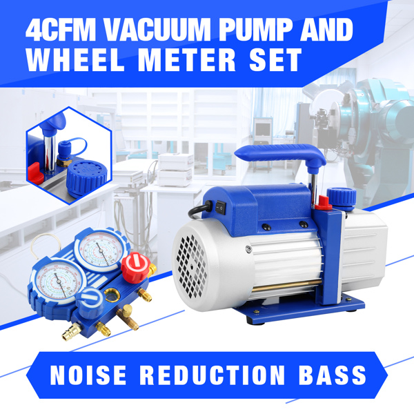 4CFM 1/3HP Air Vacuum Pump HVAC A/C Refrigeration Tool Kit AC,Single-Stage Rotary Vane Vacuum Pump with Wheel Meter Set R410A R134A R22 HVAC AC Refrigerant Set