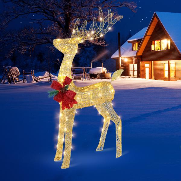 Lighted Christmas Reindeer Outdoor Decorations, Weather Proof 4ft Santa's Sleigh Reindeer Christmas Ornament Indoor Home Decor Pre-lit 180 LED Lights with Stakes, Zip Ties Secured