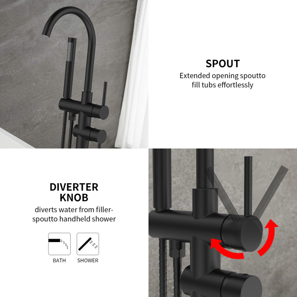 Floor Mount Bathtub Faucet Freestanding Tub Filler Matte Black Standing High Flow Shower Faucets with Handheld Shower Mixer Taps Swivel Spout[Unable to ship on weekends, please place orders with cauti