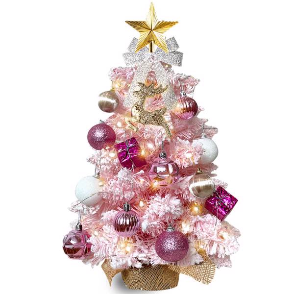 2ft Mini Christmas Tree with Light Artificial Small Tabletop Pink Christmas Decoration with Flocked Snow, Exquisite Decor & Xmas Ornaments for Table Top for Home & Office 