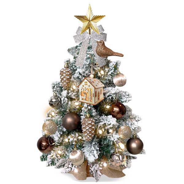 2ft Mini Christmas Tree with Light Artificial Small Tabletop Woodland Christmas Decoration with Flocked Snow, Exquisite Decor & Xmas Ornaments for Table Top for Home & Office, Brown