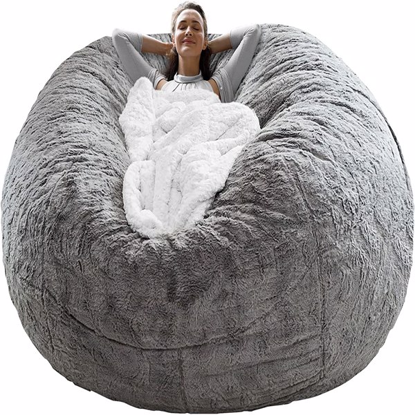 Bag Chair Cover(it was only a Cover;  not a Full Bean Bag) Chair Cushion;  Big Round Soft Fluffy PV Velvet Sofa Bed Cover;  Living Room Furniture;  Lazy Sofa Bed Cover; 5ft Light Grey