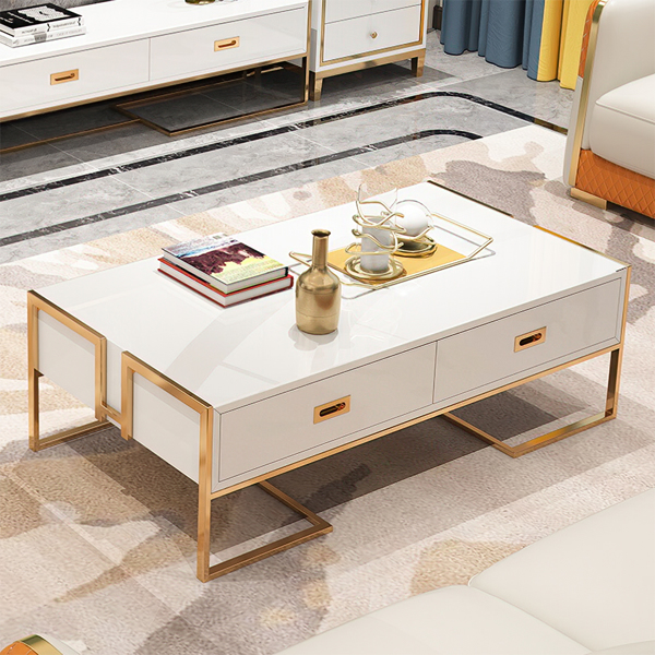 Modern Rectangular Coffee Table with 4 Drawers, Tempered Glass Coffee Table with Lacquer Gold Base, 51.18", White