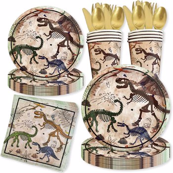 Fossil Dinosaur Birthday Party Supplies Disposable Paper Plate Tableware Kit Value Dinnerware Table Decoration Serves 10 Guests for Boy Kids Include Plates, Napkins, Forks, Knives, Spoons