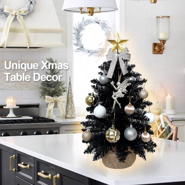 2ft Mini Christmas Tree with Light Artificial Small Tabletop Black Christmas Decoration with Flocked Snow, Exquisite Decor & Xmas Ornaments for Table Top for Home & Office