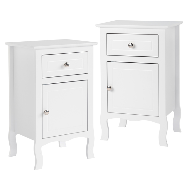 FCH 2pcs 40*30*63cm Country Style MDF Spray Paint Curved Feet One Draw One Door Night Table White