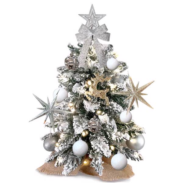 Exquisite Christmas Tree with LED Lights, 2ft Small Tabletop Mini White Artificial Xmas Tree with Christmas Ornaments