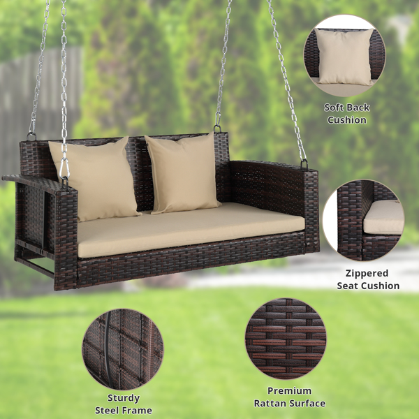 49in Brown Gradient Rattan  Beige Cushion Rattan Swing Chair（Swing frames not included）