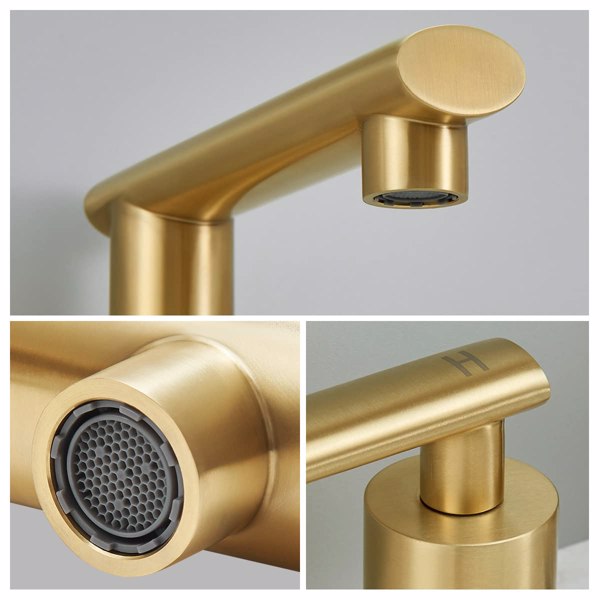 Brushed Gold 3-Hole Low-Arch 8 Inch Widespread Bathroom Faucet, Vanity Sink Faucet with Metal Pop Up Drain Assembly and Water Supply Lines for Lavatory