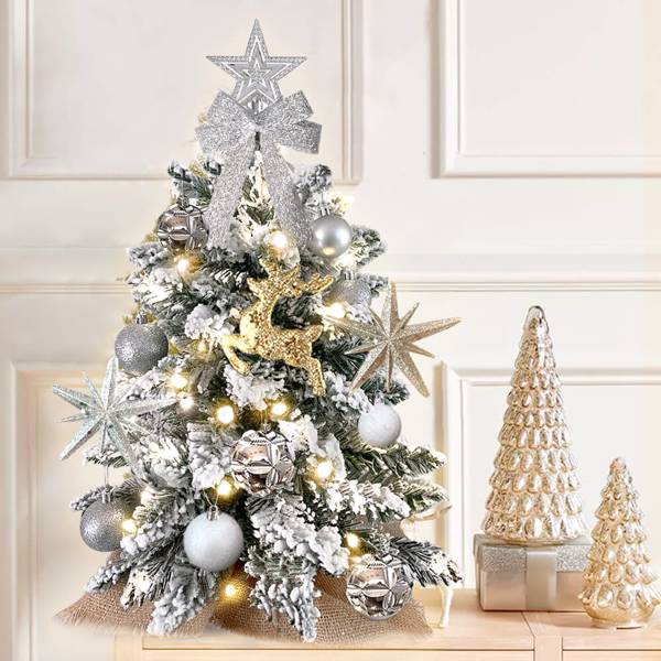 Exquisite Christmas Tree with LED Lights, 2ft Small Tabletop Mini White Artificial Xmas Tree with Christmas Ornaments