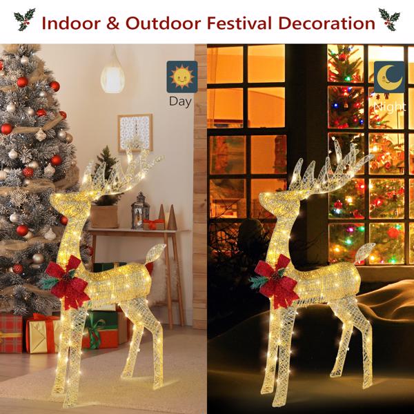 Lighted Christmas Reindeer Outdoor Decorations, Weather Proof 4ft Santa's Sleigh Reindeer Christmas Ornament Indoor Home Decor Pre-lit 180 LED Lights with Stakes, Zip Ties Secured