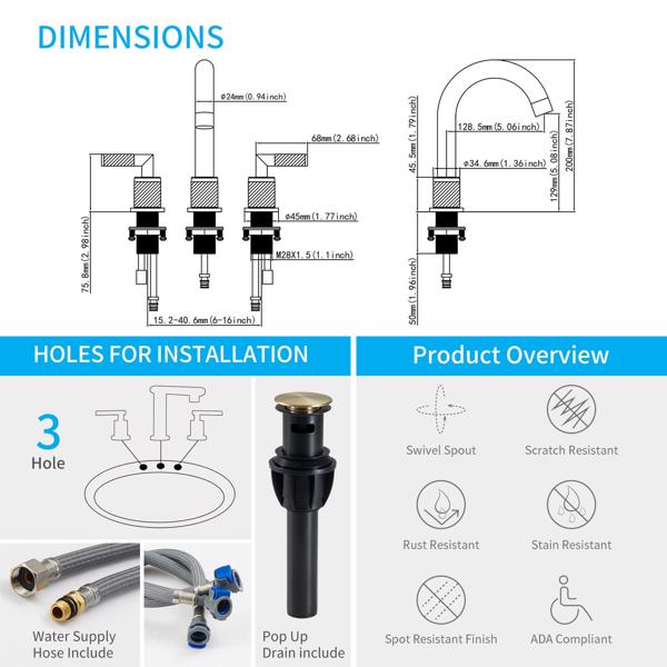 Gold Bathroom Faucet 2 Handle 8 Inch Bathroom Sink Faucets Stainless Steel 3 Hole Widespread with Pop Up Drain and Water Supply Hoses, Brushed Gold[Unable to ship on weekends, please place orders with