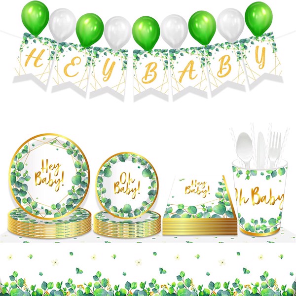 Sage Green Baby Shower Plates Hey Baby Gold Eucalyptus Oh Baby Birthday Tableware Green Floral Disposable Paper Plate Party Supplies Serves 8 Guests for Kids Cutlery Plates Napkin Cups Set 68PCS