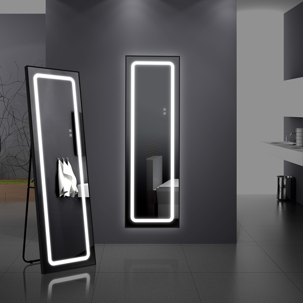 FCH Aluminum Alloy Right-Angle Rectangle 65*22in Can Stand Can Hang Three-tone Lighting Adjust Brightness Power-off Memory Full-length Mirror Black 