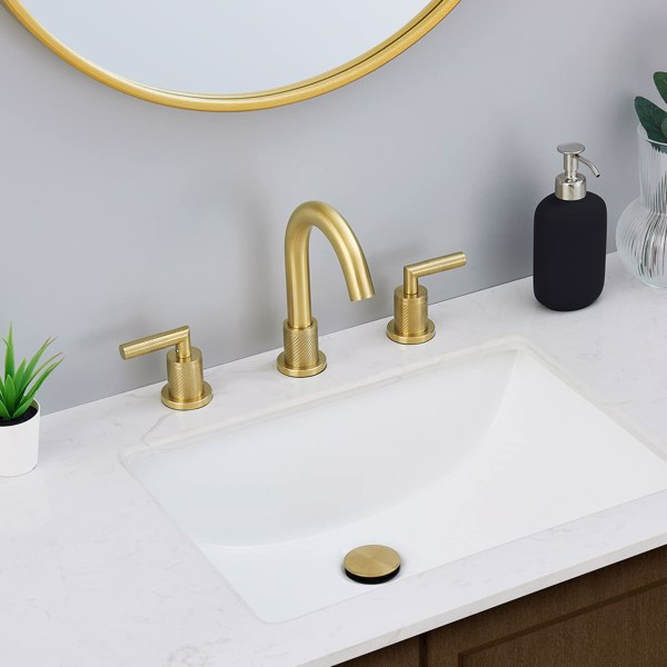 Gold Bathroom Faucet 2 Handle 8 Inch Bathroom Sink Faucets Stainless Steel 3 Hole Widespread with Pop Up Drain and Water Supply Hoses, Brushed Gold[Unable to ship on weekends, please place orders with