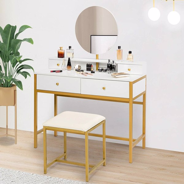 Large Vanity Set Vanity Table with Frameless Round Mirror Makeup Dressing Table Set with 2 Large Table Drawers, 2 Small Drawers & Desktop Shelf Cushioned Stool for Women Girls in Bedroom