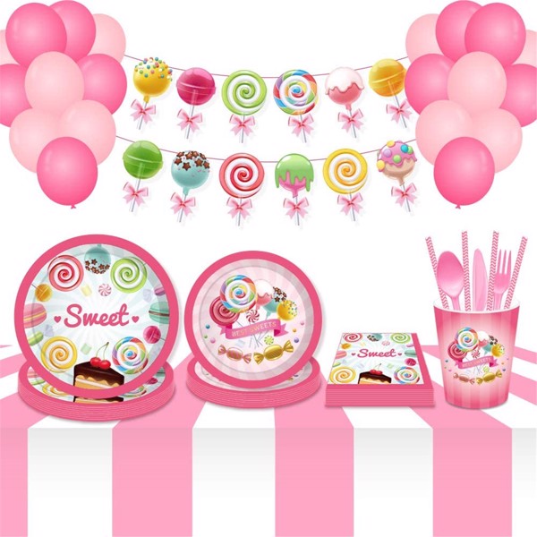 Candyland Plates Colorful Candies Lollipops Disposable Paper Plates Party Supplies Happy Birthday Parties Tableware Kit Serves 8 Guests for Kids Dinner Plates, Napkins, Cups, Knifes, Fork, Spoon 68PCS