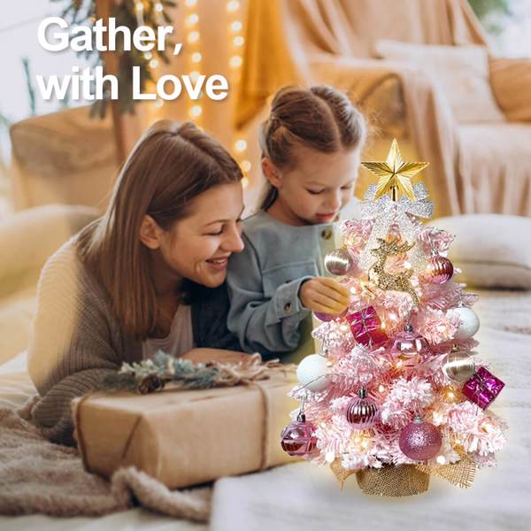 2ft Mini Christmas Tree with Light Artificial Small Tabletop Pink Christmas Decoration with Flocked Snow, Exquisite Decor & Xmas Ornaments for Table Top for Home & Office 